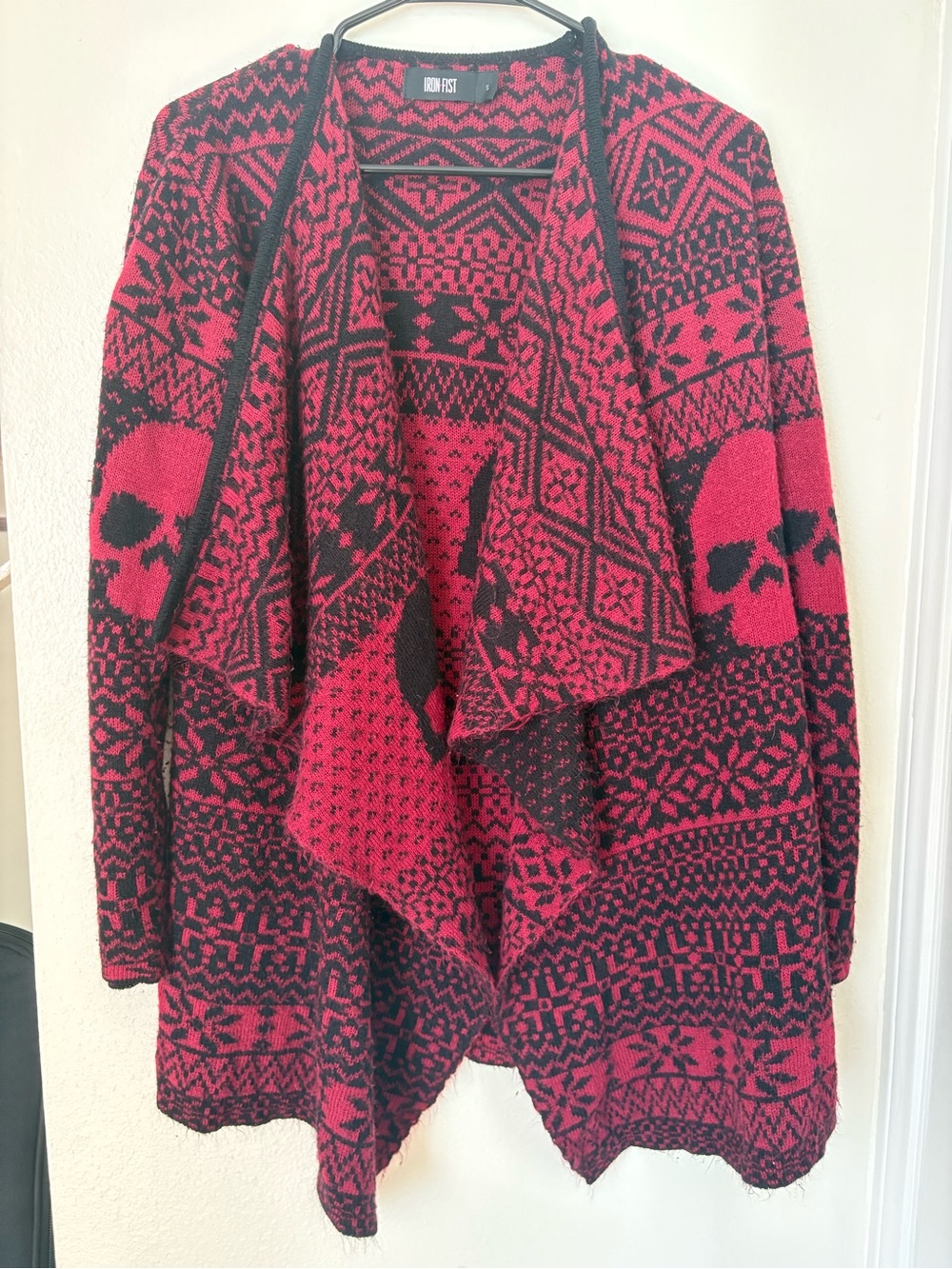 Iron Fist Womens Skull Knit Open Front Cardigan Sweater Red Black Long Sleeve S